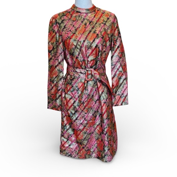 Vintage Dresses & Skirts - Pink Metallic Floral Long Sleeve Belted Dress From British Designer Dynasty